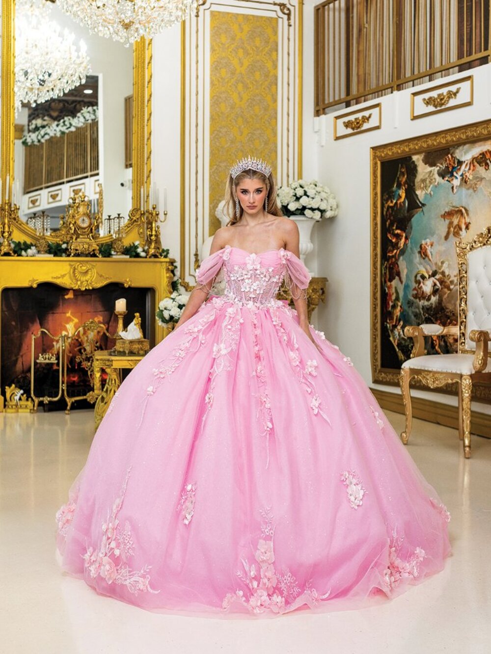 NEW PINK Glitter & Embroidered Off Shoulder Quinceanera Ball Gown 1998